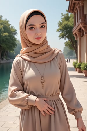 A stunning close-up shot of an Indonesian woman wearing a hijab, her radiant beauty captivating the frame. Her piercing eyes shine like diamonds, complemented by a flawless complexion. A flowing long shirt drapes elegantly across her torso, subtly highlighting the sparkle on her necklace. As she gazes wistfully into the distance, her dreamy expression transports viewers to a world of serenity. In 8K resolution, every detail is rendered with breathtaking clarity.