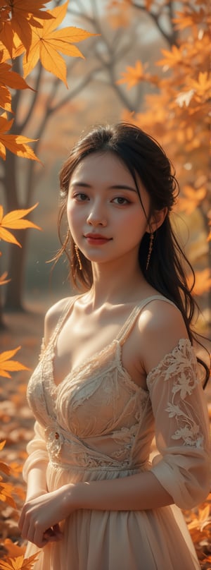 A stunning Korean girl poses confidently in a picturesque forest setting, surrounded by vibrant autumn maple leaves. She wears a delicate white lace dress that highlights her toned upper body and accentuates her impressive bust, with long black hair framing her face and bangs gently falling across her forehead. Her bright brown eyes sparkle with joy as she gazes directly at the viewer, exuding happiness and contentment. The soft sunlight filters through the trees, casting a warm glow on her features. (upper body:1.4)