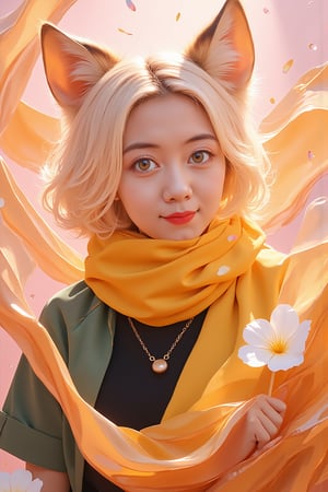 1 Girl, short blonde hair, brown animal ears, green eyes, hairpin, long yellow scarf, a strand of hair standing up, short black t-shirt, green short jacket, necklace, lollipop, shorts, sweet background, joy, "elegant crystal, graceful curves, Filled with orange and white marble fluid forming a fox shape, wavy and dynamic movement Floating pastel flower petals Anime soft pink gradient background and bright colors. Cute, short blonde hair, animal ears brown, hairpin, yellow scarf, pendant, green rolled up jacket, short black t-shirt, shorts, cloth, necklace, black stockings, indoor background, decoration, table, fruits, grass, flowers, colour_textDecoration, board write, grass, flowers, text, joyml, tousled hair, toys, scattered, Look for it, A strand of hair stands up,Books, children's games, cloth, colorful pointed flags, cups, cakes, Snotty, Red nose, standing, leaning against the wall, thin body, Slim,glowing,bright,luminous skin,glowing brightly,warm light,radiant,soft,glowing skin and vibrant, luminous features,glowing visual effects,glowing particles,neon