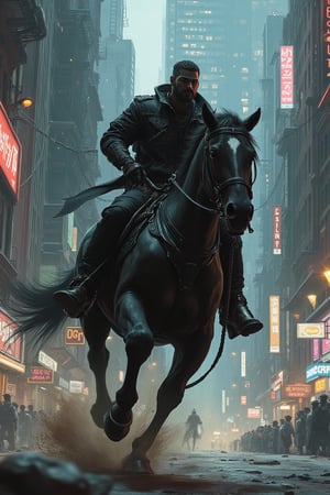 Digital painting of a cybernetic man wearing black cloth and denim, riding a powerful horse. The scene is set in a futuristic cityscape with neon lights and towering skyscrapers. The man is in a dynamic pose, leaning forward with one hand on the reins and the other raised in a commanding gesture. The horse gallops through the streets, kicking up dust and debris. The lighting is dramatic, with sharp contrasts between the bright neon signs and the dark shadows of the buildings. The composition is balanced, with the man and horse in the center, framed by the towering cityscape.