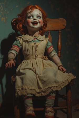 A hyper-realistic, gloomy 60's style creepy doll sitting on a wooden chair. The doll has a porcelain face with cracked makeup, wide eyes, and a sinister smile. The room is dimly lit with a single light source casting long shadows, creating an eerie atmosphere. The doll's dress is tattered and old-fashioned, with a lace collar. The chair is worn and weathered, adding to the creepy vibe. The composition is centered, with the doll slightly off-center to create tension.