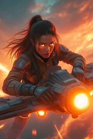 A dynamic close-up shot of a super-powered girl, her eyes glowing with energy, maneuvering a sleek, futuristic light ship in the sky. The ship is illuminated by the vibrant hues of a sunset, casting a warm glow on her determined face. She grips the controls with precision, her posture confident and focused. The sky is filled with swirling clouds and streaks of light, emphasizing her aerial acrobatics. The composition is centered on her, with the ship and sky creating a dramatic backdrop.