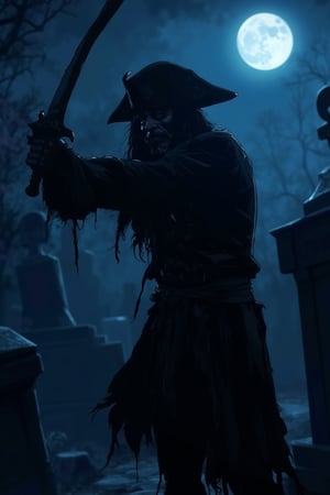 A dark, eerie anime scene with a young man dressed as Jack Sparrow for Halloween, standing in a spooky, foggy graveyard. The moonlight casts long shadows, highlighting his pirate costume and exaggerated facial expressions. He holds a plastic sword, striking a dramatic pose, with tombstones and skeletal remains in the background. The atmosphere is tense, blending horror and humor.