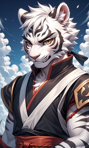 score_9, score_8_up, score_7_up, score_6_up, score_5_up, score_4_up, source_furry,BREAK,detailed face eyes and fur, 1 boy, solo, white tiger boy, clothed, body fur, black pattern, white fur, detailed fluffy fur, looking at viewer, samurai style clothing, show off the whole body