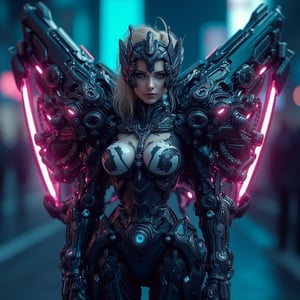 "A biomechanical female fighter with a high-tech exoskeleton, intricate armor plating, and a mechanical crown. Neon lights flicker from her mechanical wings as she prepares for battle in a neon-lit city."