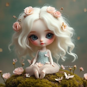 "Chibi doll with large eyes and soft features, wearing a delicate pastel-colored dress, surrounded by nature-inspired elements like small flowers, moss, and butterflies. The doll has long, flowing, fluffy hair that is white-blonde, styled gently with flowers woven into it. The scene is dreamy and tranquil, with a soft, ethereal glow, evoking a whimsical fairy tale or enchanted forest setting."