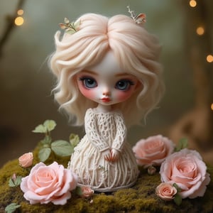 "Woodland creature with soft pastel accents": A delicate doll-like creature standing amidst pink roses and creeping ivy. Her skin has intricate carvings resembling bark or vines, and she wears an elegant, pastel-colored gown made of flower petals. The background is a blur of soft, earthy tones and fairy lights.