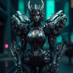 "A cybernetic queen in intricate silver and black armor, standing confidently amidst a glowing cyberpunk cityscape. Her mechanical arms and legs are equipped with glowing circuits, and her eyes radiate power."