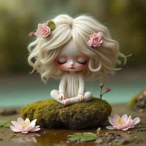 "Whimsical creature sitting on mossy rock": A small, dainty doll-like creature with closed eyes, sitting peacefully on a moss-covered stone surrounded by a miniature pond and delicate water lilies. Her hair is styled with natural curls and blooms, creating a serene and otherworldly atmosphere.