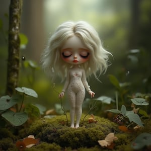 "Delicate doll in a dream-like forest clearing": A small, fragile-looking doll with intricate lace patterns across her body, covered in a gentle layer of morning dew. She stands on a patch of moss with vines gently wrapping around her limbs, with soft rays of sunlight filtering through the dense forest foliage.