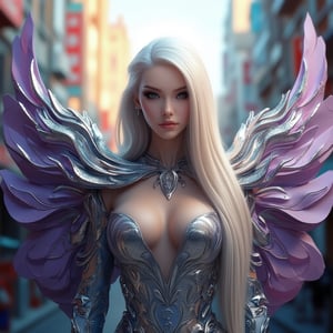 "A beautiful, elegant female character with intricate silver and lavender armor inspired by fantasy elements. She has long, straight platinum blonde hair, sleek and glossy, flowing down her back. Her wings are designed with shimmering, metallic feather-like details that blend seamlessly into her outfit. Her makeup features bold eyeliner and silver eyeshadow, enhancing her regal, powerful gaze. The character stands tall and confident, her expression calm yet determined. The background is a bustling, futuristic city bathed in warm, soft light, with a slight blur to focus on her ethereal beauty."