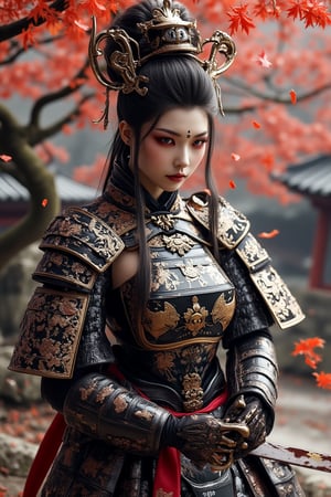 A beautiful female samurai warrior dressed in elaborate armor inspired by traditional Japanese samurai design, combining elegance and fierceness. She wears a polished black and silver armor decorated with gold accents, intricate floral patterns, and delicate engravings. Her long, flowing hair is tied up, adorned with metallic ornaments and elaborate headpieces. Her expression is serene yet strong, showcasing a calm focus, with striking red eye makeup and pale skin, adding an ethereal look to her demeanor. The armor features engraved dragon motifs, sakura blossoms, and decorative pauldrons. Her surroundings are filled with swirling red autumn leaves, suggesting a tranquil yet intense atmosphere. In one hand, she holds a katana, its blade reflecting a soft glow, while her other hand delicately touches the falling petals. The scene captures a blend of tranquility and battle readiness, evoking a sense of grace and power. The background includes traditional Japanese elements, such as red maple trees, stone pathways, and distant temple architecture, with a mystical ambiance.