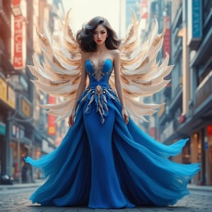 "An elegant female character dressed in a floor-length royal blue gown, designed with flowing fabrics and intricate golden embroidery. She has medium-length curly black hair, styled in soft waves that frame her face. Her makeup is soft, with peach-toned eyeshadow and a natural lip gloss, adding warmth to her look. Her glowing white wings are semi-transparent and blend into her flowing outfit, creating an angelic presence. The background features a futuristic city, softly blurred, casting a warm light onto her serene figure."

