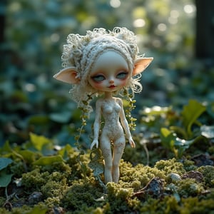 "Delicate doll in a dream-like forest clearing": A small, fragile-looking doll with intricate lace patterns across her body, covered in a gentle layer of morning dew. She stands on a patch of moss with vines gently wrapping around her limbs, with soft rays of sunlight filtering through the dense forest foliage.