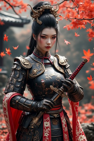 A beautiful female samurai warrior dressed in elaborate armor inspired by traditional Japanese samurai design, combining elegance and fierceness. She wears a polished black and silver armor decorated with gold accents, intricate floral patterns, and delicate engravings. Her long, flowing hair is tied up, adorned with metallic ornaments and elaborate headpieces. Her expression is serene yet strong, showcasing a calm focus, with striking red eye makeup and pale skin, adding an ethereal look to her demeanor. The armor features engraved dragon motifs, sakura blossoms, and decorative pauldrons. Her surroundings are filled with swirling red autumn leaves, suggesting a tranquil yet intense atmosphere. In one hand, she holds a katana, its blade reflecting a soft glow, while her other hand delicately touches the falling petals. The scene captures a blend of tranquility and battle readiness, evoking a sense of grace and power. The background includes traditional Japanese elements, such as red maple trees, stone pathways, and distant temple architecture, with a mystical ambiance.