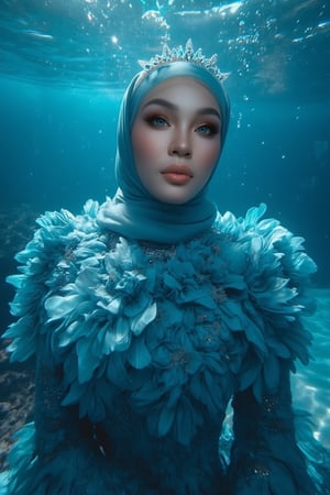 A serene underwater scene: A hijabi woman stands elegantly amidst a sea of blue-black flower petals, her porcelain skin glowing in the soft natural light. Sparkling eyes and a crystal tiara adorn her face, while her hair cascades like golden silk. She wears a stunning dress made from delicate petals, with fabulous makeup accentuating her gorgeous features. The camera captures every detail in high definition, 4K resolution. The subject poses regally, surrounded by the subtle glow of phosphorescent lighting and the vibrant blue sea, as if bathed in an ethereal light.