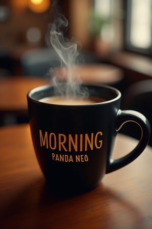 A mock-up of a black mug with the gold text MORNING PANDA NEO prominently displayed, placed on a table in a cozy cafe, filled with hot tea. The mug is warm and inviting, with the text standing out clearly against the rich background. The composition is clean and balanced, with the mug centered on the table. The lighting is soft and warm, enhancing the details of the design. The framing is close-up, focusing on the mug, the text, and the steam rising from the hot tea. The cozy cafe setting provides a welcoming backdrop.