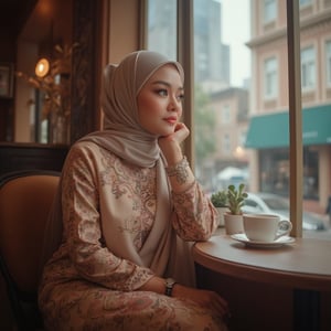 A stunning Muslim Malay woman, exuding elegance, sits poised in a cozy coffee cafe, surrounded by rich wood tones and soft lighting. She's dressed in exquisite traditional attire, her serene expression gazing thoughtfully out the window at the bustling cityscape or picturesque view beyond. Her cup of coffee rests delicately on the saucer as she savors the moment, embodying cultural charm and contemporary style.