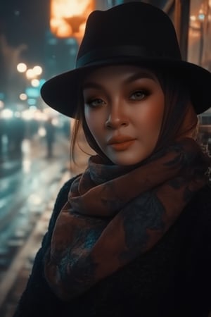 A sultry woman adorned with a stylish scarf and fedora poses languidly against a rain-soaked city street at dusk. The noir-inspired photography captures her enigmatic presence amidst the darkness, where deep shadows dance across her porcelain skin. Soft focus and dramatic contrast evoke a sense of mystery, as she gazes out into the misty night air.