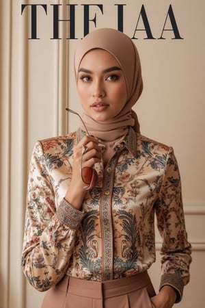 A majestic 3/4 angle shot of Thejaa, donning a neatly tied hijab and batik silk shirt with slack pant, as she confidently stands against a clean, sophisticated background. Soft natural lighting casts a warm glow on her striking features, A brown sunglasses held firmly in her hand adds a touch of whimsy to the overall composition. The magazine cover boldly proclaims THEJAA in English text across the top, highlighting her timeless beauty and the intricate details of her attire.