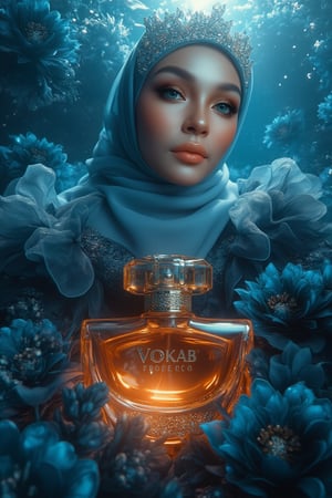 A serene underwater scene: Create A professional photograph showcasing an opulent advertisement for advertising image for VOKAB, a luxurious Arabian women's perfume with, a tremendously outstanding futuristic bottle shape, created in collaboration with A hijabi woman who stands elegantly amidst a sea of blue-black flower petals, her porcelain skin glowing in the soft natural light. Sparkling eyes and a crystal tiara adorn her face, while her hair cascades like golden silk. She wears a stunning dress made from delicate petals, with fabulous makeup accentuating her gorgeous features. The image features an Adepta alluring, The amber bottle features intricate Arabic patterns and is adorned with gold caps. The camera captures every detail in high definition, 4K resolution. The subject poses regally, surrounded by the subtle glow of phosphorescent lighting and the vibrant blue sea, the bottle is bathed in an ethereal light. Set against a rich serene underwater backdrop, the bottle is bathed in a warm, cinematic light with a subtle glow effect at the rear. Incorporate professional lighting, artistic composition, and a color mood that evokes sophistication and elegance. The text 'VOKAB.AI PRODUCT is displayed at the bottom of the image.