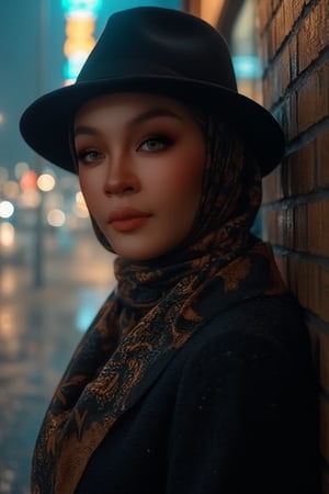 A sultry woman poses languidly against a rain-soaked city street at dusk, fedora and stylish scarf accentuating her enigmatic allure. Soft focus and dramatic contrast create a sense of intrigue as she gazes out into the misty night air, her porcelain skin illuminated by the faint glow of neon signs in the background, deep shadows dancing across her face like a noir-inspired film's protagonist.