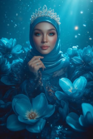 A serene underwater scene: A hijabi woman stands elegantly amidst a sea of blue-black flower petals, her porcelain skin glowing in the soft natural light. Sparkling eyes and a crystal tiara adorn her face, while her hair cascades like golden silk. She wears a stunning dress made from delicate petals, with fabulous makeup accentuating her gorgeous features. The camera captures every detail in high definition, 4K resolution. The subject poses regally, surrounded by the subtle glow of phosphorescent lighting and the vibrant blue sea, as if bathed in an ethereal light.