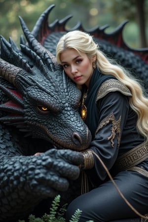 Here is a high-quality coherent stable diffusion prompt: Capture a majestic image of a woman standing confidently in the middle of ancient city ruins built on a rugged cliffside at dawn's warm golden light. The camera shoots from a slightly low angle to emphasize grandeur. A large dragon hugged her, its scales shimmering in green, bronze, and black hues with sharp horns and partially spread wings. The woman wears a loose black hooded shawl with red highlights, her dark brown eyes gazing into the distance behind long eyelashes. Her relaxed yet strong posture radiates strength, adorned with silver bracelets featuring ancient runes and a glowing gemstone pendant around her neck. 