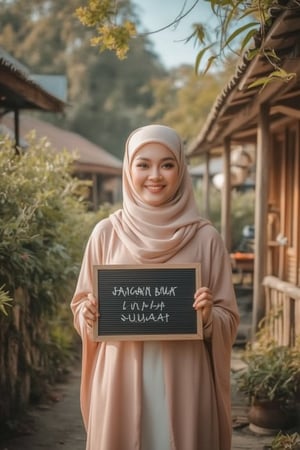 A tranquil scene unfolds: a stunning Malay woman, her hijab and abaya flowing elegantly, holds a signboard adorned with the elegant phrase JANGAN BUAT LUPA JUMAAT in handwritten script. She stands amidst a picturesque village backdrop of traditional wooden houses and lush greenery, bathed in soft, natural light that captures the serene ambiance. The composition focuses on the woman's gentle smile and the signboard, with the text prominently displayed.