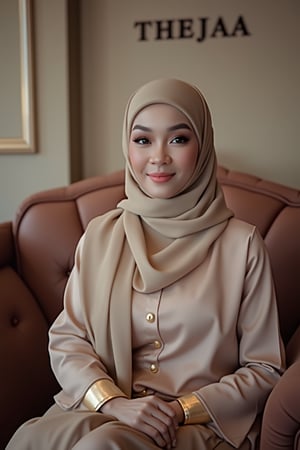 Capture a photo-realistic portrait of 'THEJAA', an elegant Malay Muslimah lady, in a highly detailed 8K frame. She sits politely on a velvet sofa, wearing a chiffon silk hijab and exuding elegance attire. Soft, diffused lighting creates a shallow depth of field, with the subject's face sharply focused. The full-length frame showcases her refined features and poise. In the background, the wall features the engraved name 'THEJAA' in high-contrast detail.