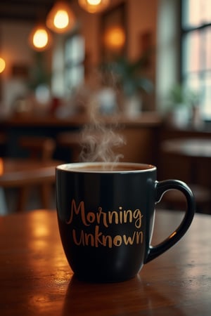 A mock-up of a black mug with the gold text MORNING UNKNOWN prominently displayed, placed on a table in a cozy cafe, filled with hot tea. The mug is warm and inviting, with the text standing out clearly against the rich background. The composition is clean and balanced, with the mug centered on the table. The lighting is soft and warm, enhancing the details of the design. The framing is close-up, focusing on the mug, the text, and the steam rising from the hot tea. The cozy cafe setting provides a welcoming backdrop.