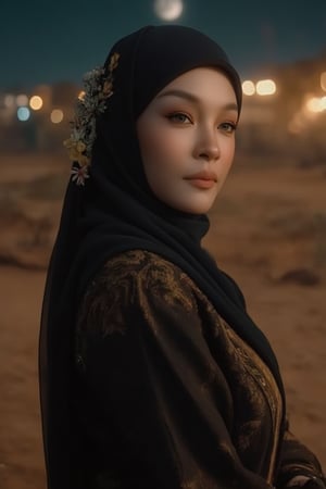 A majestic full-body shot of a ravishing woman donning an exquisite abaya, glides effortlessly through a desert night near an oasis bathed in soft, lunar radiance. Long, luscious black tresses cascade down her back, while delicate facial features and realistic skin texture evoke serenity. A delicate arrangement of flowers at the back of her head creates a captivating contrast against the war-torn terrain. The image boasts hyper-realistic lighting with octane rendering, employing ray tracing for an unparalleled level of realism. Depth of field sharpens focus on her enigmatic eyes, producing a hypnotic bokeh effect around her. Rendered in 8K resolution, this masterpiece showcases super-fine details, correct anatomy, and luminous illumination.