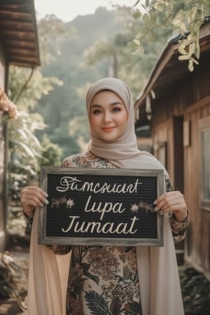 A tranquil scene unfolds: a stunning Malay woman, her hijab and abaya flowing elegantly, holds a signboard adorned with the elegant phrase JANGAN BUAT LUPA JUMAAT in handwritten script. She stands amidst a picturesque village backdrop of traditional wooden houses and lush greenery, bathed in soft, natural light that captures the serene ambiance. The composition focuses on the woman's gentle smile and the signboard, with the text prominently displayed.