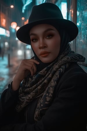 A sultry woman, shrouded in mystery, poses languidly against a rain-soaked city street at dusk, fedora and stylish scarf adding to her enigmatic allure. Soft focus and dramatic contrast create a sense of intrigue, as she gazes out into the misty night air, deep shadows dancing across her porcelain skin like a noir-inspired film's protagonist.