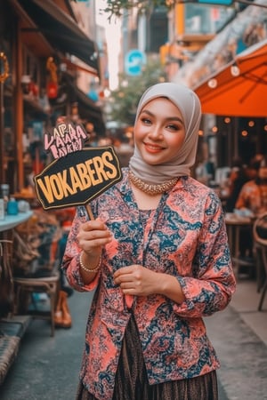 A dynamic shot captures a vibrant Malay-looked woman standing amidst a lively urban backdrop of colorful street art and bustling activity. She holds a signboard with playful, bold letters reading APA HABAQ VOKABERS in one hand, her cheerful expression radiating energy. Bright, vivid lighting highlights the scene's vibrancy, focusing on the woman and the eye-catching signboard with its clear, readable text.