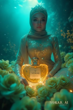 A serene underwater scene: Create A professional photograph showcasing an opulent advertisement for advertising image for VOKAB, a luxurious Arabian women's perfume with, a bottle shaped like a woman's body and made of glass decorated with gemstones and diamonds, created in collaboration with A hijabi woman who stands elegantly amidst a sea of EMERALD GREEN flower petals, her porcelain skin glowing in the soft natural light. Sparkling eyes and a crystal tiara adorn her face, while her hair cascades like golden silk. She wears a stunning dress made from delicate petals, with fabulous makeup accentuating her gorgeous features. The image features an Adepta alluring, The amber bottle features intricate Arabic patterns and is adorned with gold caps. The camera captures every detail in high definition, 4K resolution. The subject poses regally, surrounded by the subtle glow of phosphorescent lighting and the vibrant blue sea, the bottle is bathed in an ethereal light. Set against a rich serene underwater backdrop, the bottle is bathed in a warm, cinematic light with a subtle glow effect at the rear. Incorporate professional lighting, artistic composition, and a color mood that evokes sophistication and elegance. The text 'VOKAB.AI PRODUCT is displayed at the bottom of the image. 