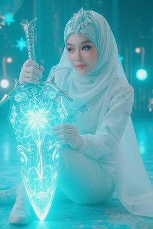 realistic photo, ultra cinematic, a girl with mecha suit, white mix with cyan color, emperor style, hold a big sword with aura, hologram flower aura at the sword, the  flower is turquoise color, neon aura, hanemperor23