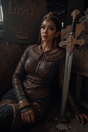 A lady warrior with dewy skin and a fabulous touch of makeup, wearing a Middle Eastern intricately decorated chainmail armour suit, is captured in a dynamic pose with unique intricate holding a massive sword with titanium and gold, sitting manly in some abandoned junk ship, a broken dark building of a pirate ship, a big broken board with the text big written "LOVEDALIN" (((correctly spelled)) in bold and 3D embossed font, low key style, analogue colours concept, A masterpiece, dark fantasy concept art, with dynamic lighting, hyperdetailed, intricately detailed, deep colour, volumetric lighting, HANSWORD23,
