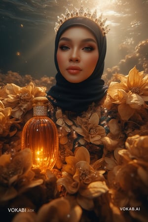 A majestic underwater scene: A hijabi woman stands resplendent amidst a sea of black gold flower petals, porcelain skin aglow in soft natural light. Amber bottle with gemstone-encrusted glass and gold caps sits elegantly on a pedestal, surrounded by subtle phosphorescent glow. Her golden locks cascade like silk, crystal tiara adorning her face. Stunning petal-dress accentuates her features, fabulous makeup radiating sophistication. The camera captures every detail in 4K resolution, subject posing regally against rich underwater backdrop bathed in warm, cinematic light with a soft glow effect at the rear. The text 'VOKAB.AI PRODUCT' subtly appears at the bottom.