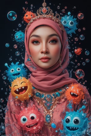 Create an image of a perfectly beautiful hijab princess of ancient Egypt in a forest,  she’s surrounded by 3d doodle of cute monsters in the style of Doodleoo, bubbles and splash water against a black background with vibrant colors, high resolution, high detail, high quality, high contrast, professional photography, professional lighting, precise details, solid color background, masterpiece, best quality, highres, perfect artwork, best design award winner