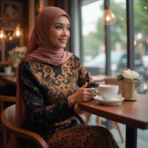 A stunning Muslim Malay woman seated in a stylish coffee cafe, surrounded by elegant decor and soft lighting. She wears exquisite traditional attire, exuding elegance as she sips her coffee, lost in thought while gazing out at the vibrant cityscape or serene garden view through the window. Her serene expression captures a perfect blend of cultural heritage and contemporary poise.