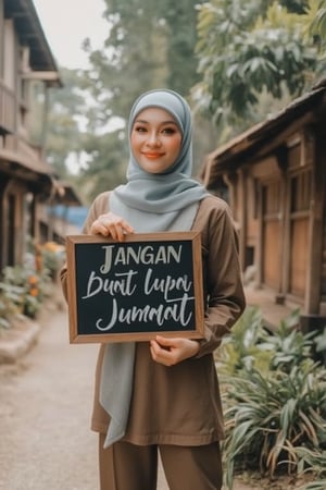 A serene shot of a beautiful Malay woman wearing a plain hijab and abaya holding a signboard with the text JANGAN BUAT LUPA JUMAAT in elegant, handwritten font. She stands with a gentle smile, one hand holding the board. The scene is set in a picturesque village with traditional wooden houses and lush greenery. The lighting is soft and natural, capturing the peaceful ambiance. The composition centers on the woman and the signboard, with the text clearly visible.