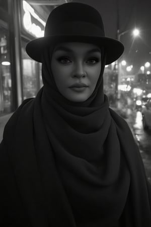 A mysterious woman, wrapped in a sleek scarf and adorned with a stylish hat, is bathed in the melancholic glow of a rain-soaked street. A film noir-inspired composition, shot in striking black and white, accentuates her enigmatic expression as shadows dance across her face. Soft focus blurs the background, drawing attention to her captivating pose amidst the moody ambiance.