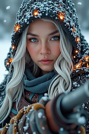 A close-up portrait captures the fierce gaze of a young warrior, her flowing white hair contrasting with the weathered winter cloak and armor that seems to be on fire, embers burning through the fabric. Soft ambient light highlights her intense expression, charred hood, and piercing stare as she grips a worn rifle, metal scarred from battle. The icy snow around her serves as a backdrop, while the vibrant colors of her clothing and the weapon create a striking contrast.,ladykop27