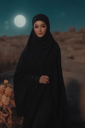 A breathtaking 8K shot of a ravishing woman donning an exquisite abaya, glides effortlessly across the moonlit desert landscape near an oasis, her long black shawl flowing behind her like night itself. Her luminous features, rendered with utmost realism, are set against the subtle arrangement of flowers, creating a striking contrast against the war-torn backdrop. The hyper-realistic lighting, achieved through octane rendering and ray tracing, casts a warm glow on her porcelain skin, while the depth of field focuses sharply on her eyes, yielding a dreamy bokeh effect around her. This artistic masterpiece showcases unparalleled realism, precision, and detail, as if gazing upon a living, breathing subject.