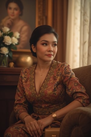 A serene Malay woman sits majestically in a warmly lit interior, softly illuminated by a single source. Her songket-adorned kebaya catches the gentle glow, refracting subtle hues across her porcelain skin. Dark hair styled in an updo, she exudes elegance with flawless makeup and defined eyebrows. A small handbag with gold accents rests beside her, seated beneath a sheer silk curtain filtering the soft light. In the blurred background, classic portraits and white roses create a subtle contrast, underscoring her dignified poise. The rich yet muted color palette harmonizes around her timeless beauty, exuding serenity and sophistication.