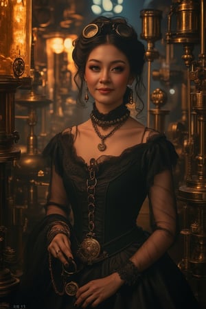 A warm, golden glow emanates from soft lanterns and ambient lighting, casting long shadows across intricate gears and brass machinery that surround a Victorian-era woman. Dressed in corset and goggles, she holds a delicate pocket watch, her figure centered amidst the steam-powered contraptions and steam engine hum of the background. Framed by the detailed environment, her pose exudes elegance amidst the industrial backdrop.