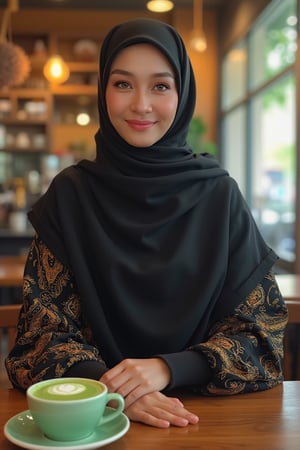 A Muslim woman, veiled from face to nose, stands patiently in a cozy cafe, awaiting her order amidst the warm glow of morning light. She wears a flowing black abaya and matching hijab, the intricate patterns subtly reflected in the colorful watercolor fusion art that surrounds her. Her dark socks are neatly folded at the ankles as she leans against the counter, her cup of vibrant green matcha latte a beacon on the table before her. The soft focus background adds depth to the composition, while the glazing painting techniques imbue the image with luminous texture and dimensionality.