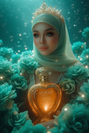 A serene underwater scene: Create A professional photograph showcasing an opulent advertisement for advertising image for VOKAB, a luxurious Arabian women's perfume with, a bottle shaped like a woman's body and made of glass decorated with gemstones and diamonds, created in collaboration with A hijabi woman who stands elegantly amidst a sea of EMERALD GREEN flower petals, her porcelain skin glowing in the soft natural light. Sparkling eyes and a crystal tiara adorn her face, while her hair cascades like golden silk. She wears a stunning dress made from delicate petals, with fabulous makeup accentuating her gorgeous features. The image features an Adepta alluring, The amber bottle features intricate Arabic patterns and is adorned with gold caps. The camera captures every detail in high definition, 4K resolution. The subject poses regally, surrounded by the subtle glow of phosphorescent lighting and the vibrant blue sea, the bottle is bathed in an ethereal light. Set against a rich serene underwater backdrop, the bottle is bathed in a warm, cinematic light with a subtle glow effect at the rear. Incorporate professional lighting, artistic composition, and a color mood that evokes sophistication and elegance. The text 'VOKAB.AI PRODUCT is displayed at the bottom of the image. 