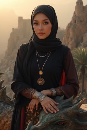 A majestic shot of a young woman standing confidently amidst ancient city ruins built into rugged cliffs. Her loose black hijab shawl with subtle red highlights glistens in the warm golden light of dawn. Dark brown eyes with long eyelashes seem to gaze into the distance, while her relaxed yet strong posture exudes strength. Her left hand rests on a dragon's textured scales, its deep amber eyes watching vigilantly. The dragon's shimmering scales glimmer in hues of green, bronze, and black, with sharp curved horns and partially unfurled wings adding an air of majesty. A silver bracelet adorned with ancient runes wraps around her wrist, complemented by a glowing gemstone pendant around her neck. The camera captures the scene from a slightly low angle, emphasizing the epic grandeur of this stunning tableau.